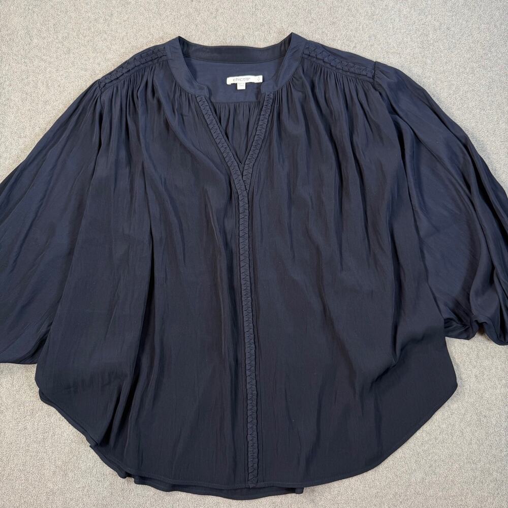 Chico's Size 3 (US 16) Dark Blue Peasant Blouse Dolman Sleeve Braided V-Neck